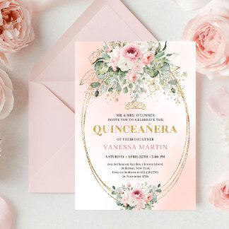 Invitation Chic Blush Pink Floral Gold Quinceañera Boho Invit