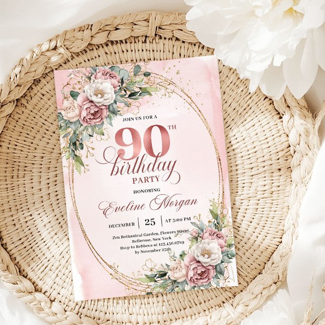 Invitation Chic Blush Pink Gold Eucalyptus 90th Birthday  (Chic Blush Pink Gold Eucalyptus 90th Birthday Invite)