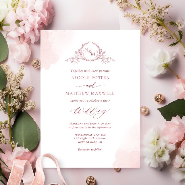 Invitation Chic Blush rose Aquarelle Taches Monogramme Mariag (Créateur téléchargé)