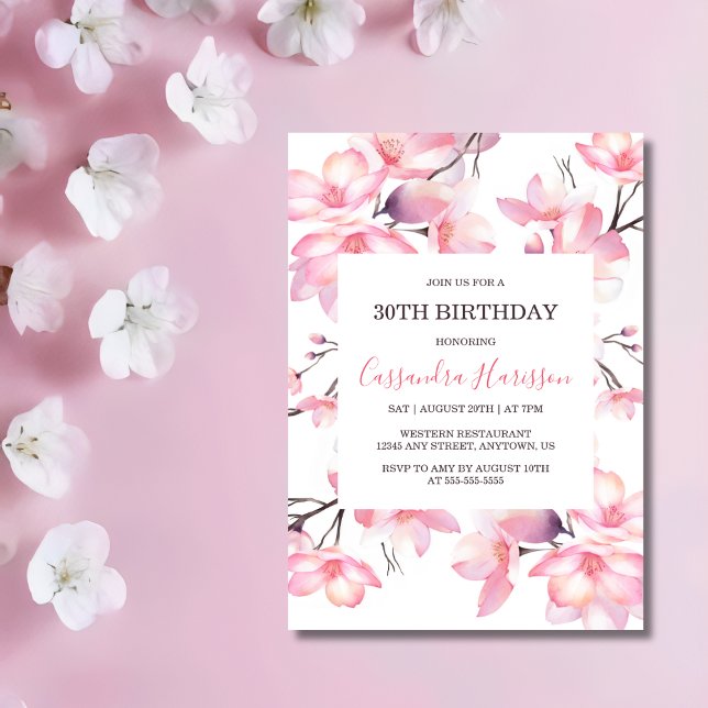 Invitation Chic Blush rose cerisier Fleur Botanique Anniversa (Créateur téléchargé)