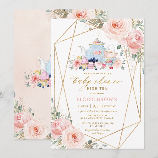 Invitation Chic Blush Rose Floral High Tea Baby shower (Devant / Derrière)