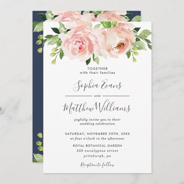 Invitation Chic Blush rose Floral Mariage (Devant / Derrière)