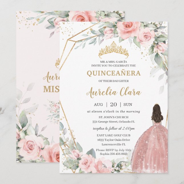 Invitation Chic Blush rose Floral Princesse Couronne Quinceañ (Devant / Derrière)