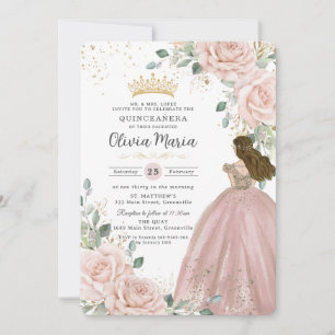 Invitation Chic Blush rose Floral Princesse robe Quinceañera