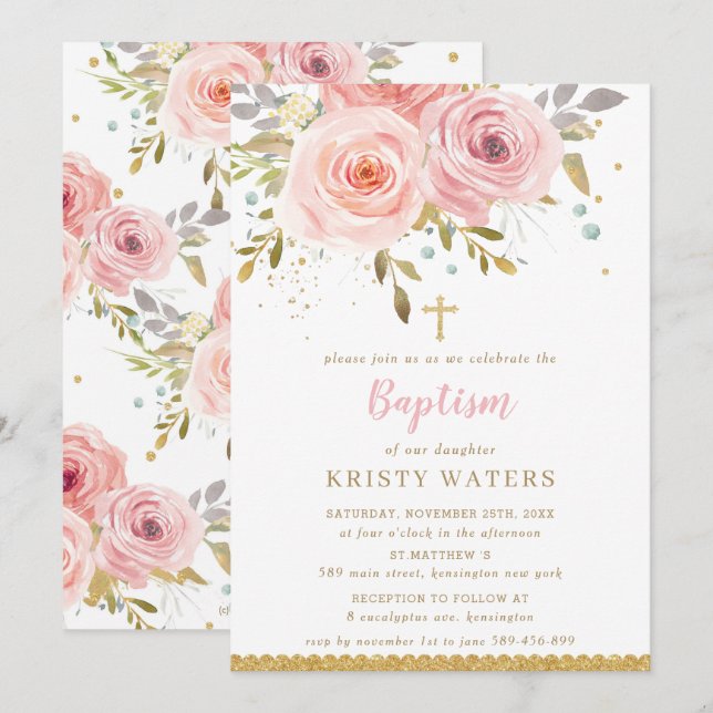 Invitation Chic Blush rose Floral Rose Feuilles d'or Baptême (Devant / Derrière)