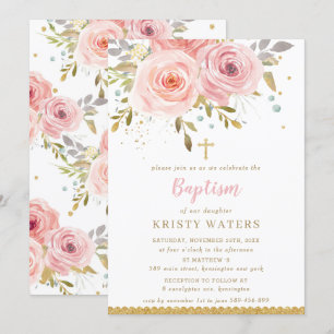 Invitation Chic Blush rose Floral Rose Feuilles d'or Baptême