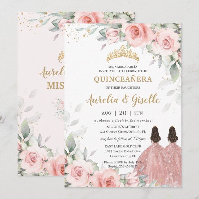 Invitation Chic Blush rose Floral Rose Gold Twins Quinceañera (Devant / Derrière)