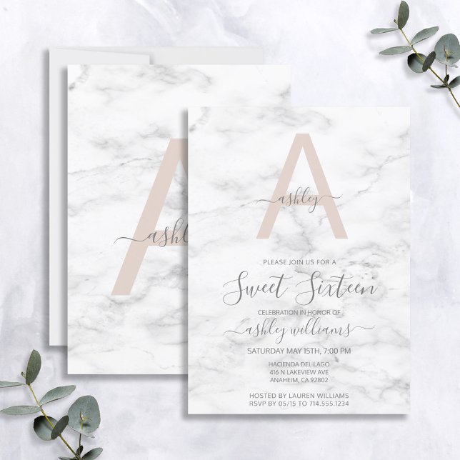 Invitation Chic Blush rose marbre Monogramme 16e anniversaire (Créateur téléchargé)