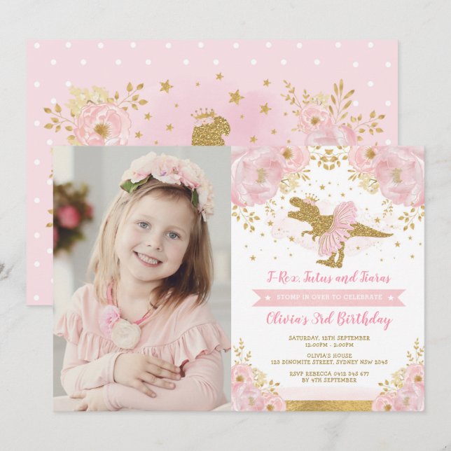 Invitation Chic Blush Rose or Dinosaure T Rex Fille Anniversa (Devant / Derrière)
