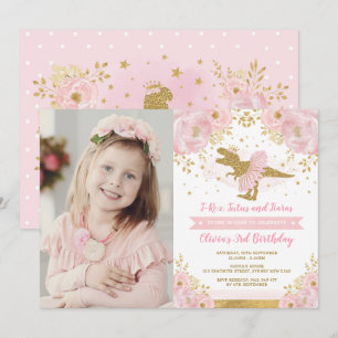 Invitation Chic Blush Rose or Dinosaure T Rex Fille Anniversa