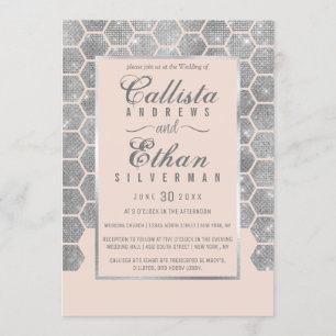 Invitation Chic Blush rose Parties scintillant argent Hexagon