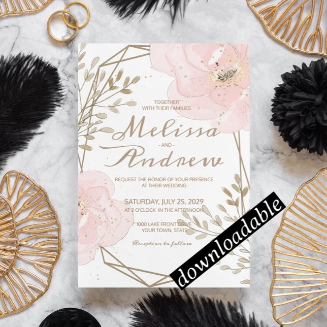 Invitation Chic Blush rose & Taupe Mariage floral romantique (Créateur téléchargé)