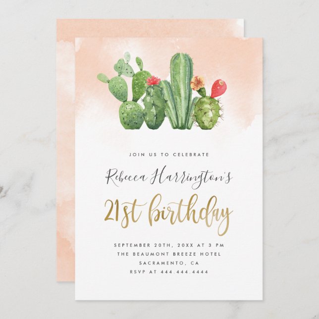 Invitation Chic Blush Watercolor & Cactus 21e anniversaire (Devant / Derrière)
