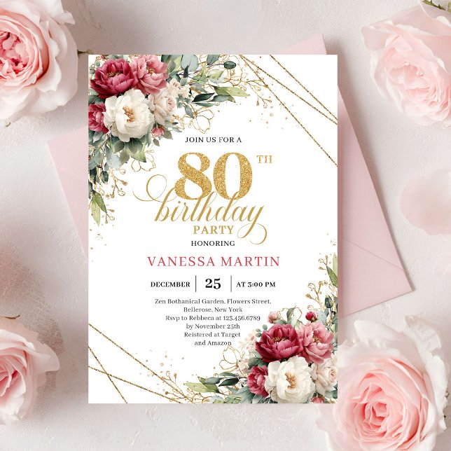 Invitation Chic Blush White Greenery 80th Birthday Invite (Chic Blush White Greenery 80th Birthday Invite)
