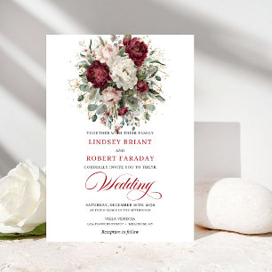 Invitation Chic Bohème Bourgogne Blanc Floral Végétal Mariage