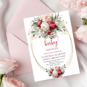 Invitation Chic Bohème Rouge Rubis Blanc Or Floral Bébé