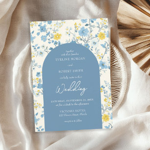 Invitation Chic Boho bleu et jaune arche de fleurs de cottage