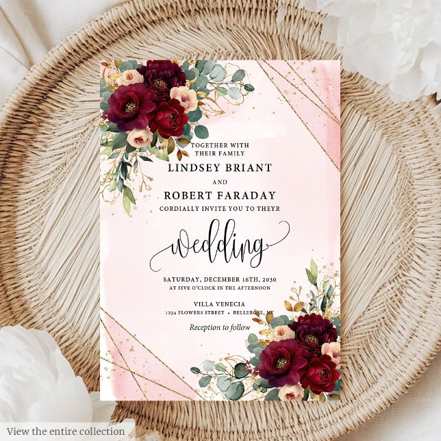 Invitation Chic Boho Dark Red Gold Blush Flowers Mariage (Chic Boho Dark Red Gold Blush Flowers Wedding Invitation)