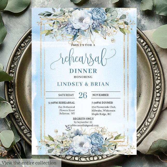 Invitation Chic Boho Dusty Blue White Peony Dîner de répétiti (Chic Dusty Blue White Peony Rehearsal Dinner Invite)