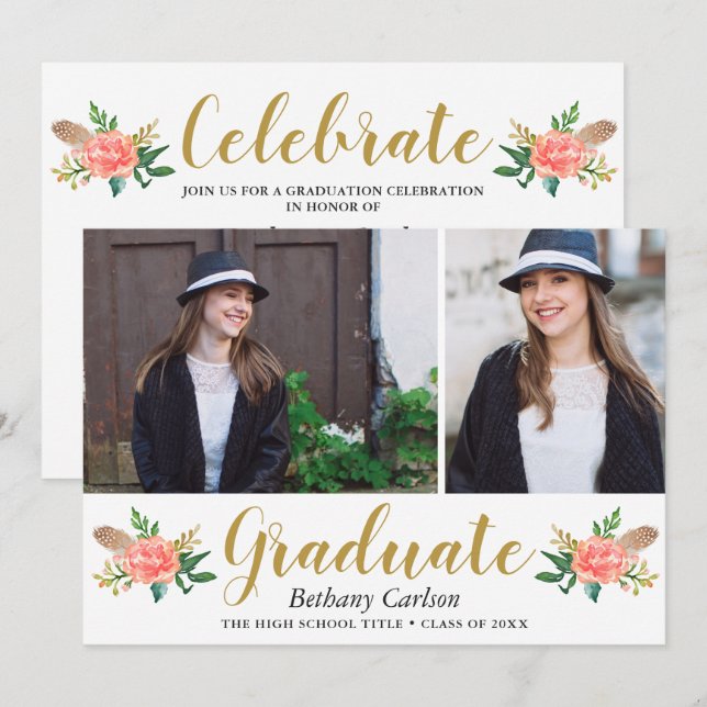 Invitation Chic Boho Feathers Floral 2 Photo Graduation Party (Devant / Derrière)