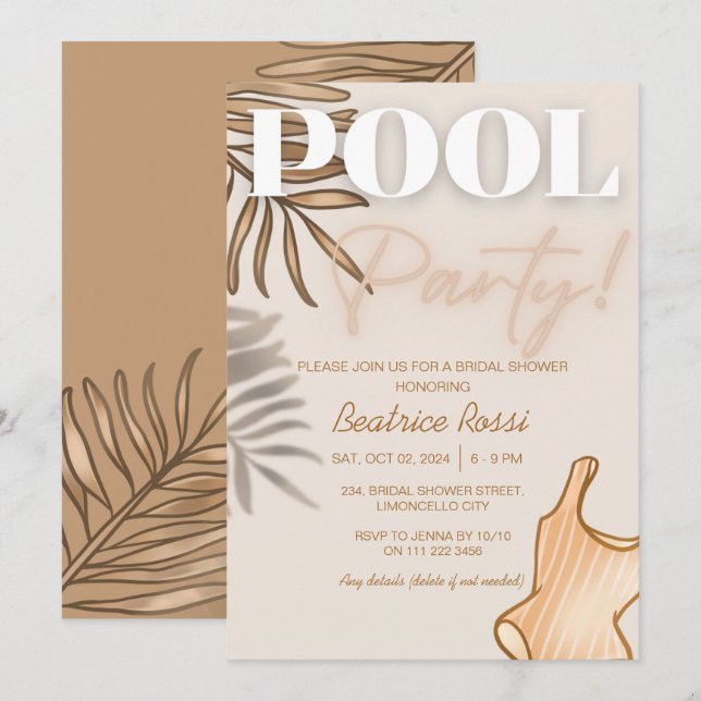 Invitation Chic Boho Fête des mariées Beige Pool Party (Devant / Derrière)