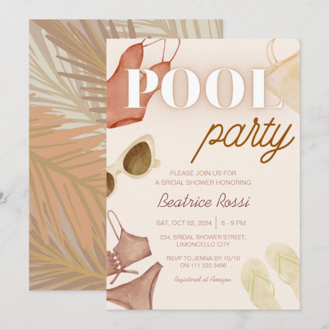 Invitation Chic Boho Fête des mariées Beige Pool Party (Devant / Derrière)