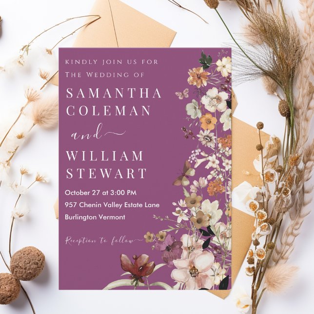 Invitation Chic Boho Fleur sauvage Rustic Berry Purple Mariag (Créateur téléchargé)