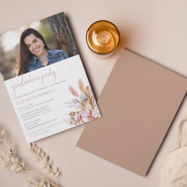 Invitation Chic Boho Floral Pampas Grass Graduation (Créateur téléchargé)