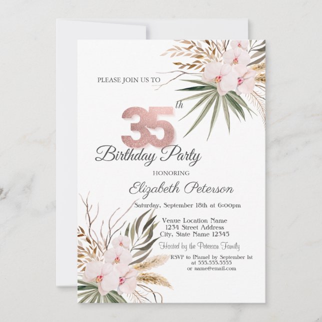 Invitation Chic Boho Flowers 35th Birthday (Devant)
