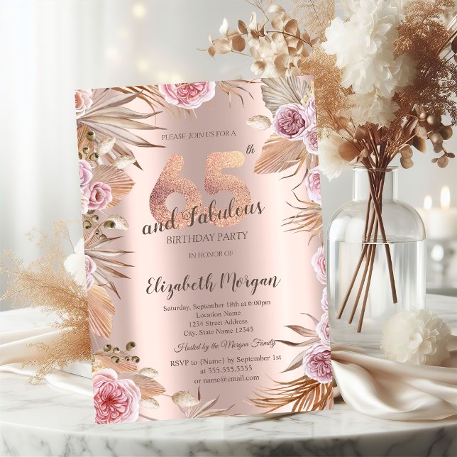 Invitation Chic Boho Flowers Rose Gold 65e anniversaire (Créateur téléchargé)