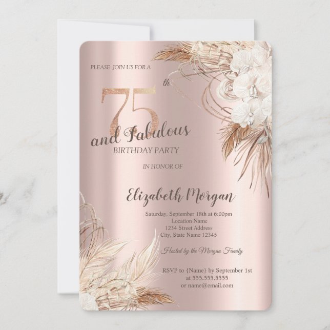 Invitation Chic Boho Flowers Rose Gold 75e anniversaire (Devant)