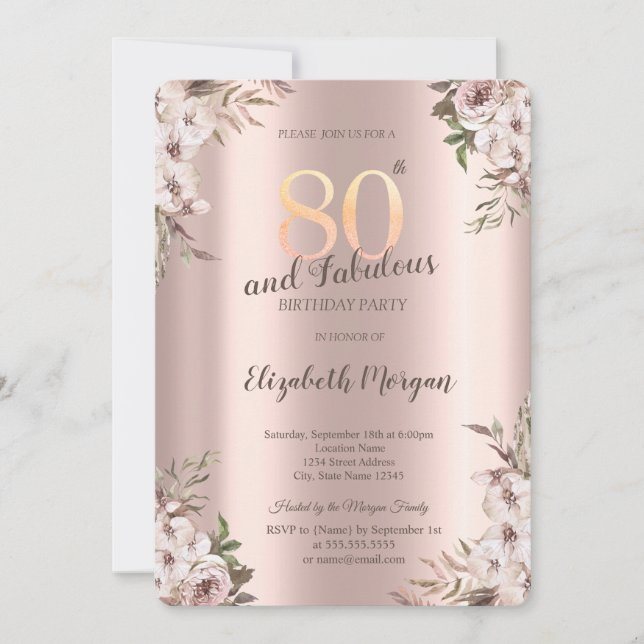 Invitation Chic Boho Flowers Rose Gold 80e anniversaire (Devant)