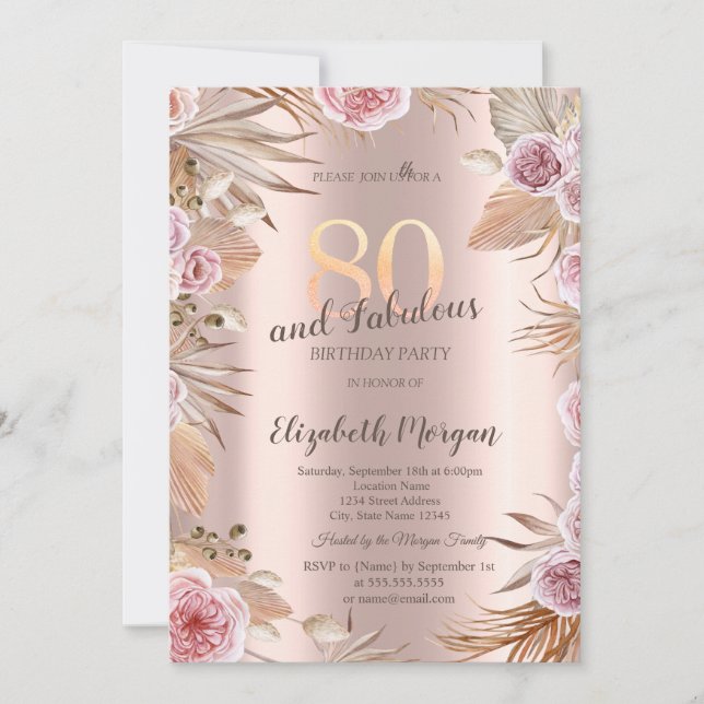 Invitation Chic Boho Flowers Rose Gold 80e anniversaire (Devant)