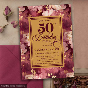 Invitation Chic Boho Marsala Gold Flowers 50e anniversaire