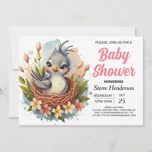 Invitation Chic Boho mignon Baby shower d'oiseaux (Devant)