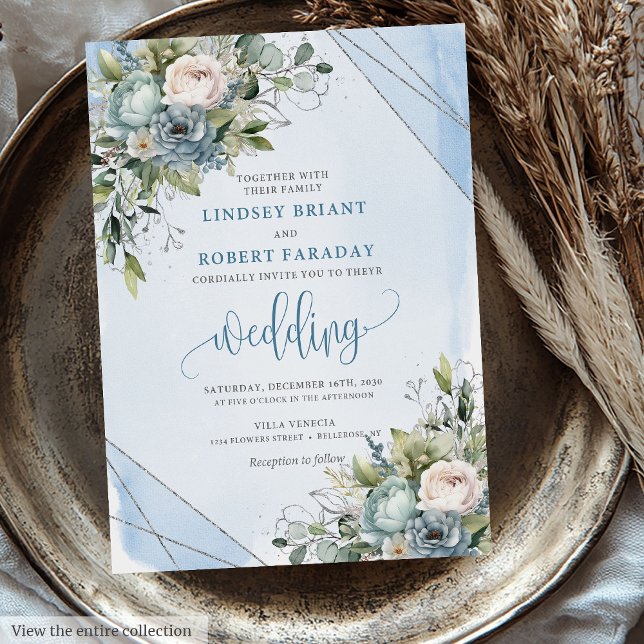 Invitation Chic Boho Pastel Bleu Blanc Argent Peonies Mariage (Chic Boho Pastel Blue White Silver Peonies Wedding Invitation)