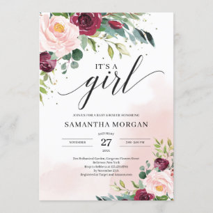 Invitation Chic Boho rose rousse bordeaux floral c'est une fi