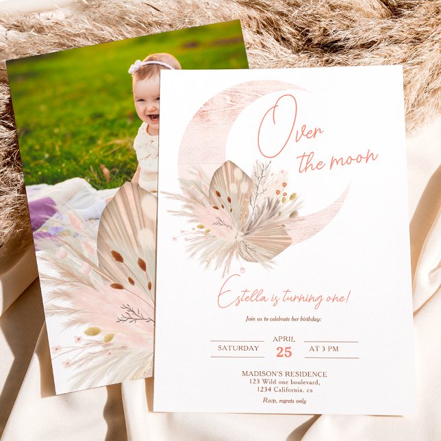 Invitation Chic boho rustique pampas lune florale 1er anniver (Créateur téléchargé)