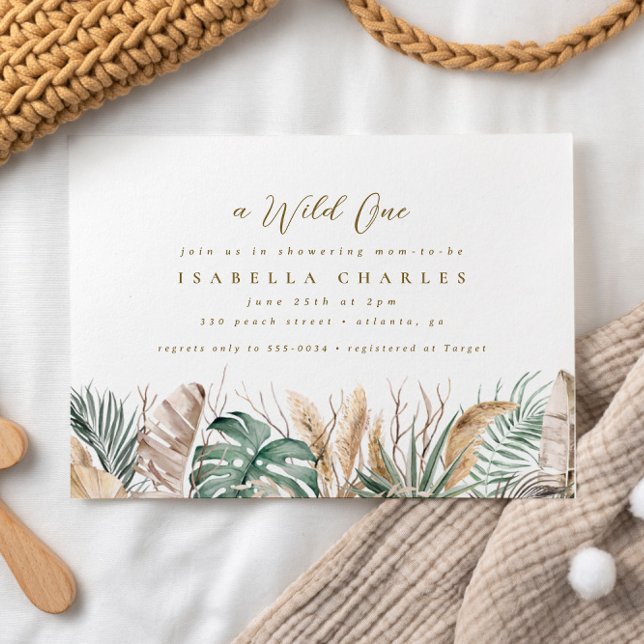 Invitation Chic Boho Safari Pampas Monstera Baby shower Or (Créateur téléchargé)