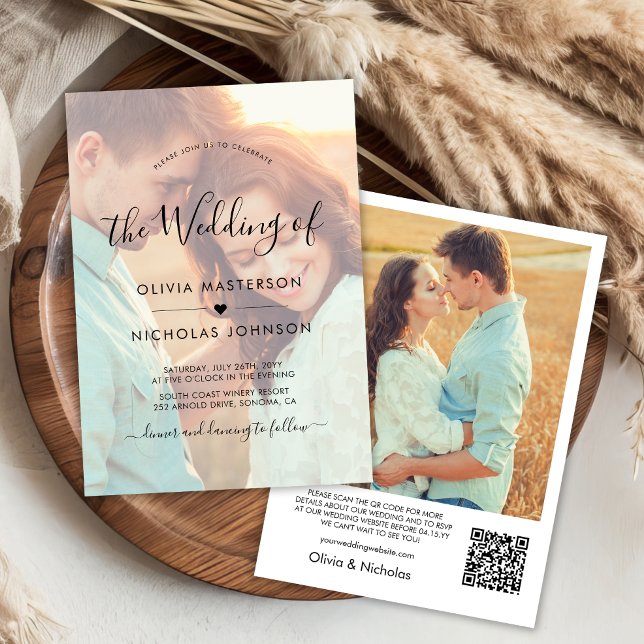 Invitation Chic Boho Script Photo Overlay QR Code Mariage (Créateur téléchargé)