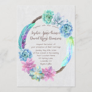 Invitation Chic Boho Succulent Cactus Feaths Mariage Wreath