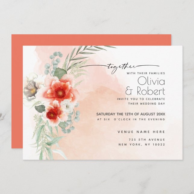 Invitation Chic Bold Aquarelle Fleurs de corail écarlate (Devant / Derrière)