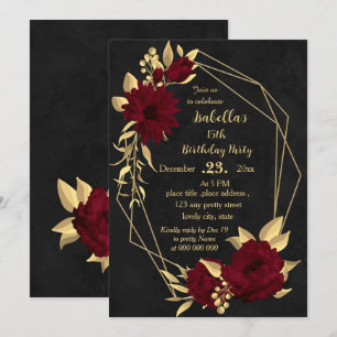 Invitation Chic bordeaux et or noir fête d'anniversaire