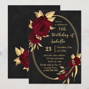Invitation Chic bordeaux et or noir fête d'anniversaire