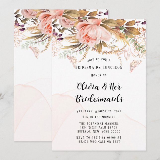 Invitation Chic Botanical Peony Butterfly Bridesmaids Déjeune (Devant / Derrière)