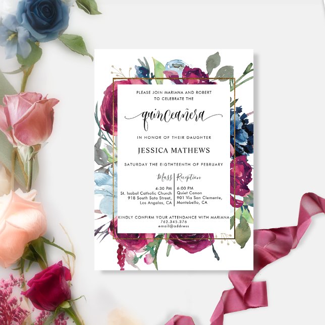 Invitation Chic Bourgogne, Berry Rouge Bleu Floral Quinceañer (Créateur téléchargé)