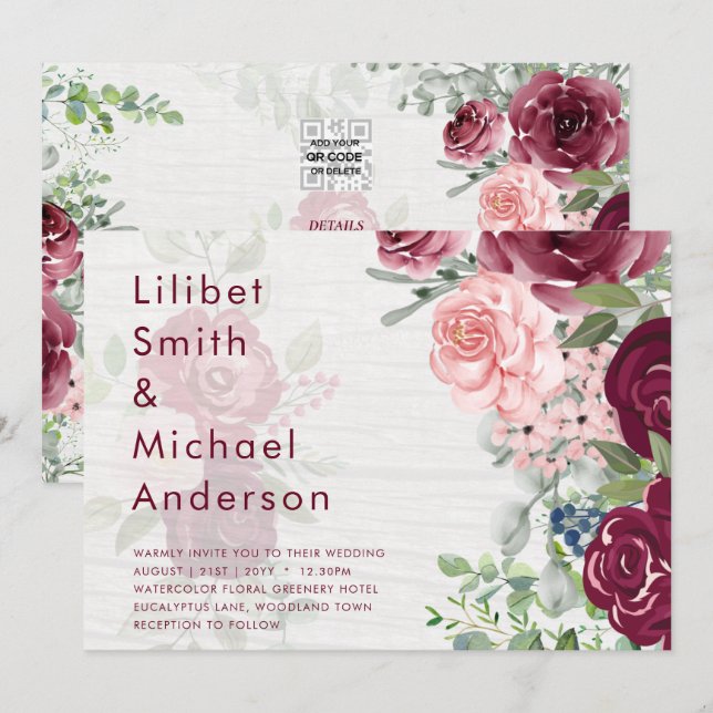 Invitation Chic Bourgogne Blush Rose Floral Mariage (Devant / Derrière)