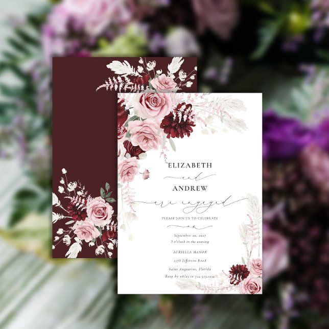 Invitation Chic Bourgogne Blush Rose Roses Fiançailles Floral (Créateur téléchargé)