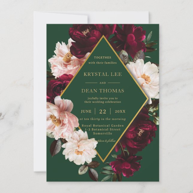 Invitation Chic Bourgogne Floral Fleurs de Pivoine Émeraude M (Devant)
