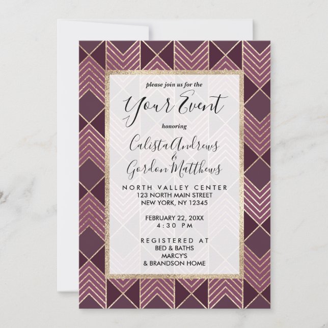 Invitation Chic Bourgogne or Arrowhead Chevron géométrique (Devant)
